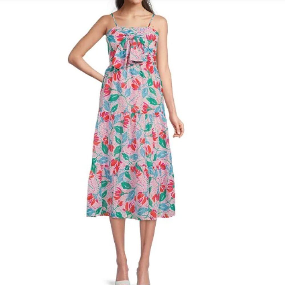 $150 J.Marie Claire Floral Print Bow Sleeveless Midi Tiered Dress XL‎ NWT